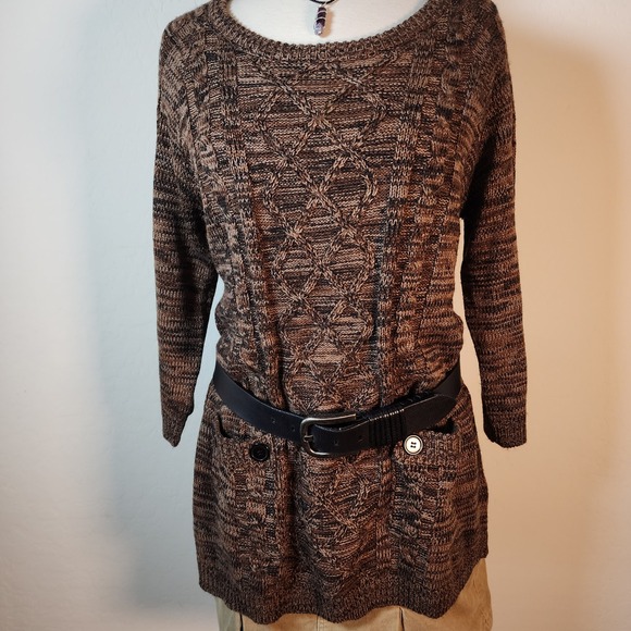 Effeci Dresses & Skirts - Effeci Womens XL Brown Knit Tunic Sweater Tunic 3/4 Sleeve Round Neck